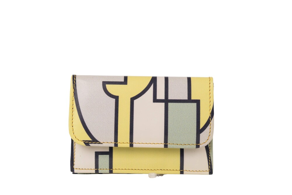 Emilio Pucci Green White Yellow Geometric Abstract Print Wallet Leather Silver H